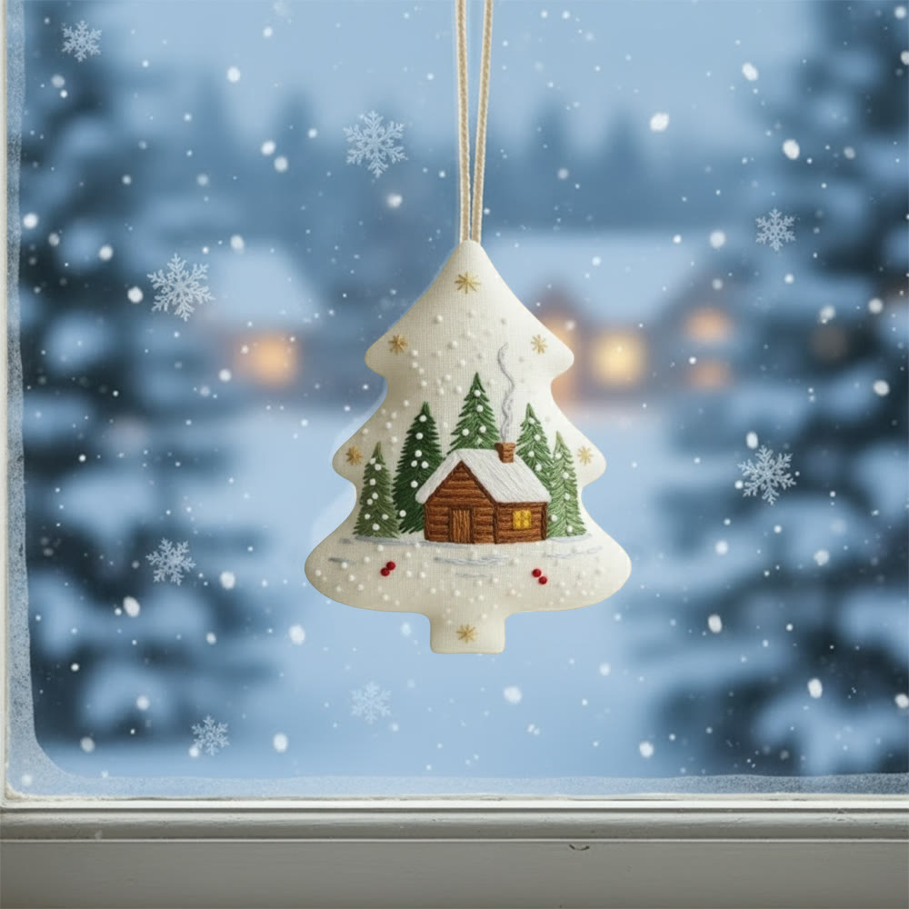 Rubbyoo Tree-shaped Embroidery Kit - Snowy Cabin Pines | Easy Starter Handiwork | Warm Holiday Decor - image 1