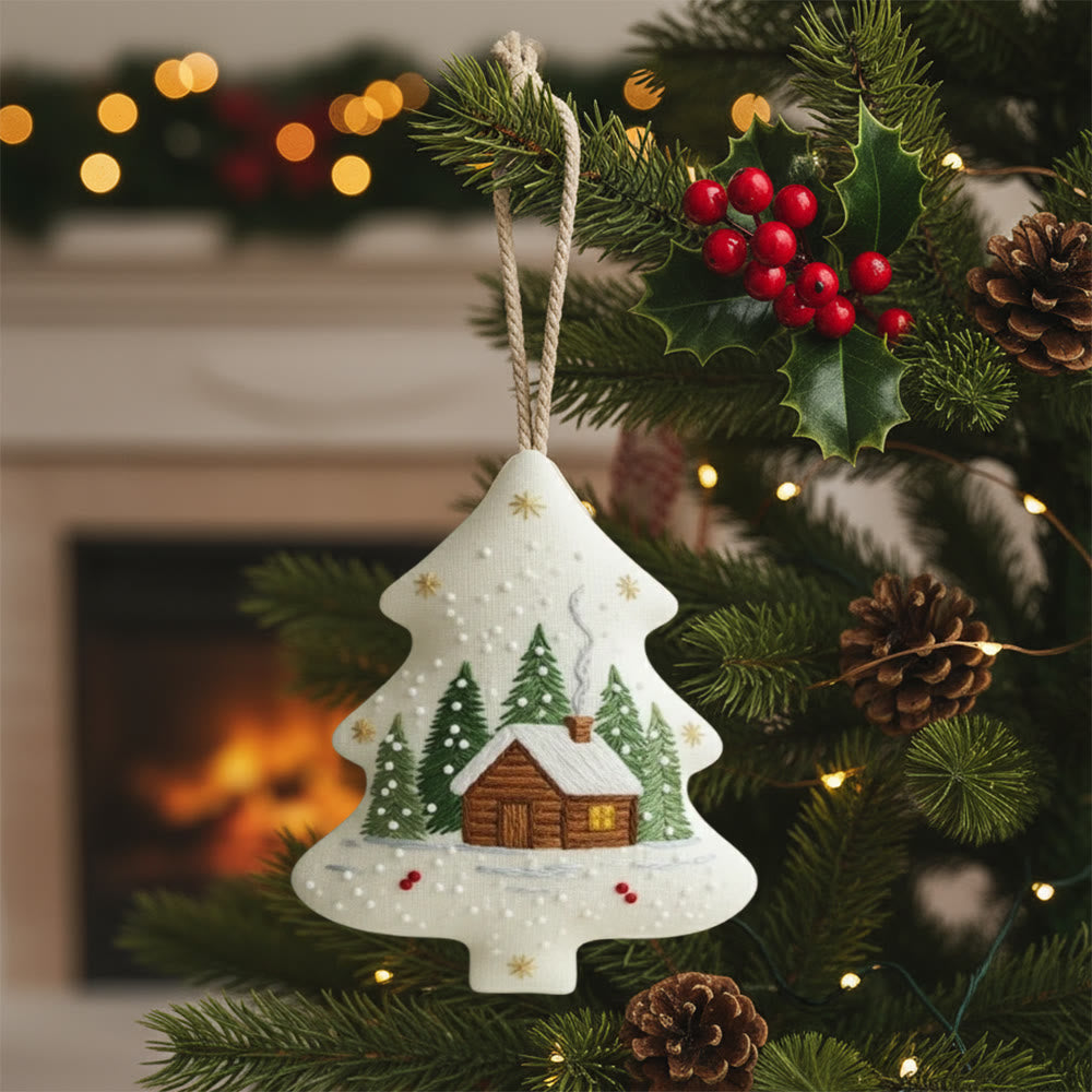 Rubbyoo Tree-shaped Embroidery Kit - Snowy Cabin Pines | Easy Starter Handiwork | Warm Holiday Decor - 6 inches hoop kit - image 0