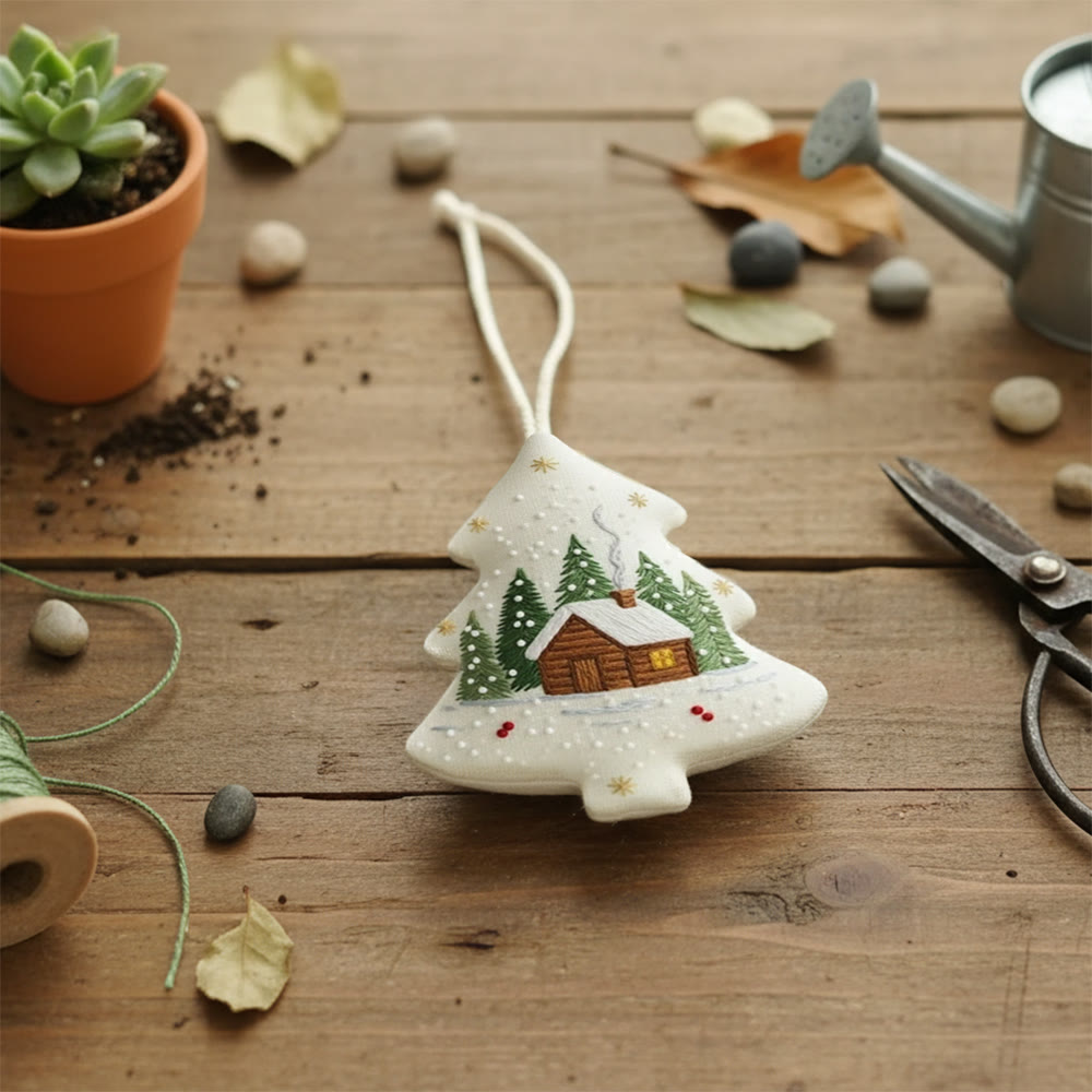 Rubbyoo Tree-shaped Embroidery Kit - Snowy Cabin Pines | Easy Starter Handiwork | Warm Holiday Decor - image 5