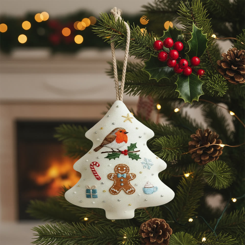 Rubbyoo Tree-shaped Embroidery Kit - Robin And Gingerbread | Festive Design | Ideal For Craft Lovers - 6 inches hoop kit - image 0