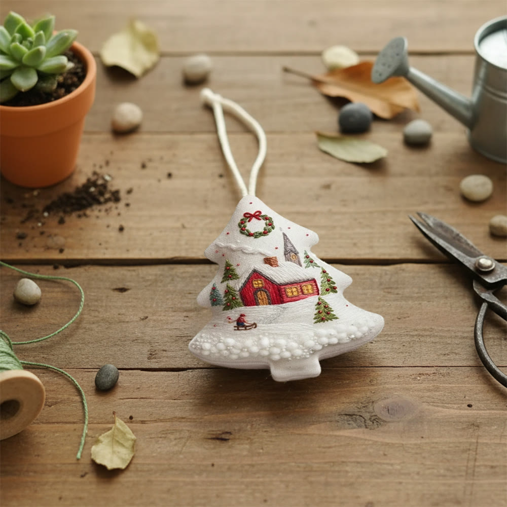 Rubbyoo Tree-shaped Embroidery Kit - Snowy Cottage | Embellished With Winter Charm | Unique Holiday Ornament - image 3