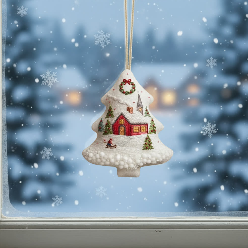 Rubbyoo Tree-shaped Embroidery Kit - Snowy Cottage | Embellished With Winter Charm | Unique Holiday Ornament - image 1