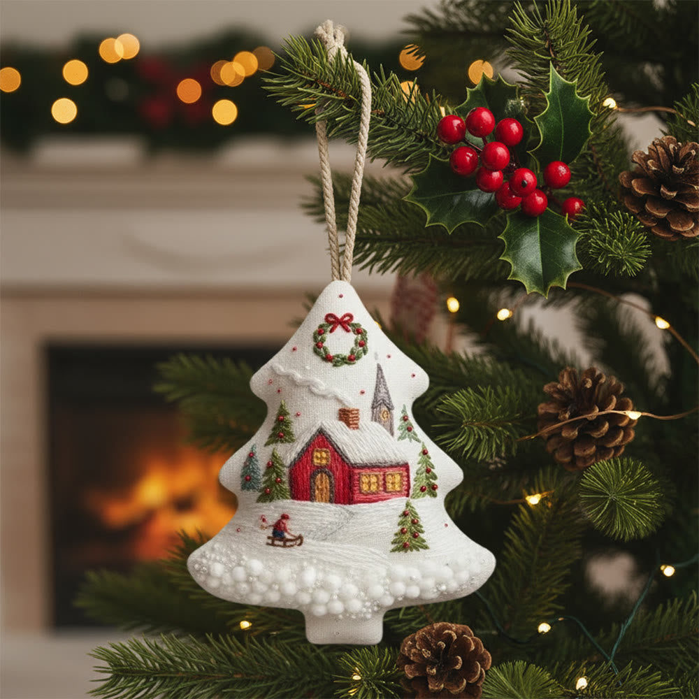 Rubbyoo Tree-shaped Embroidery Kit - Snowy Cottage | Embellished With Winter Charm | Unique Holiday Ornament - 6 inches hoop kit - image 0