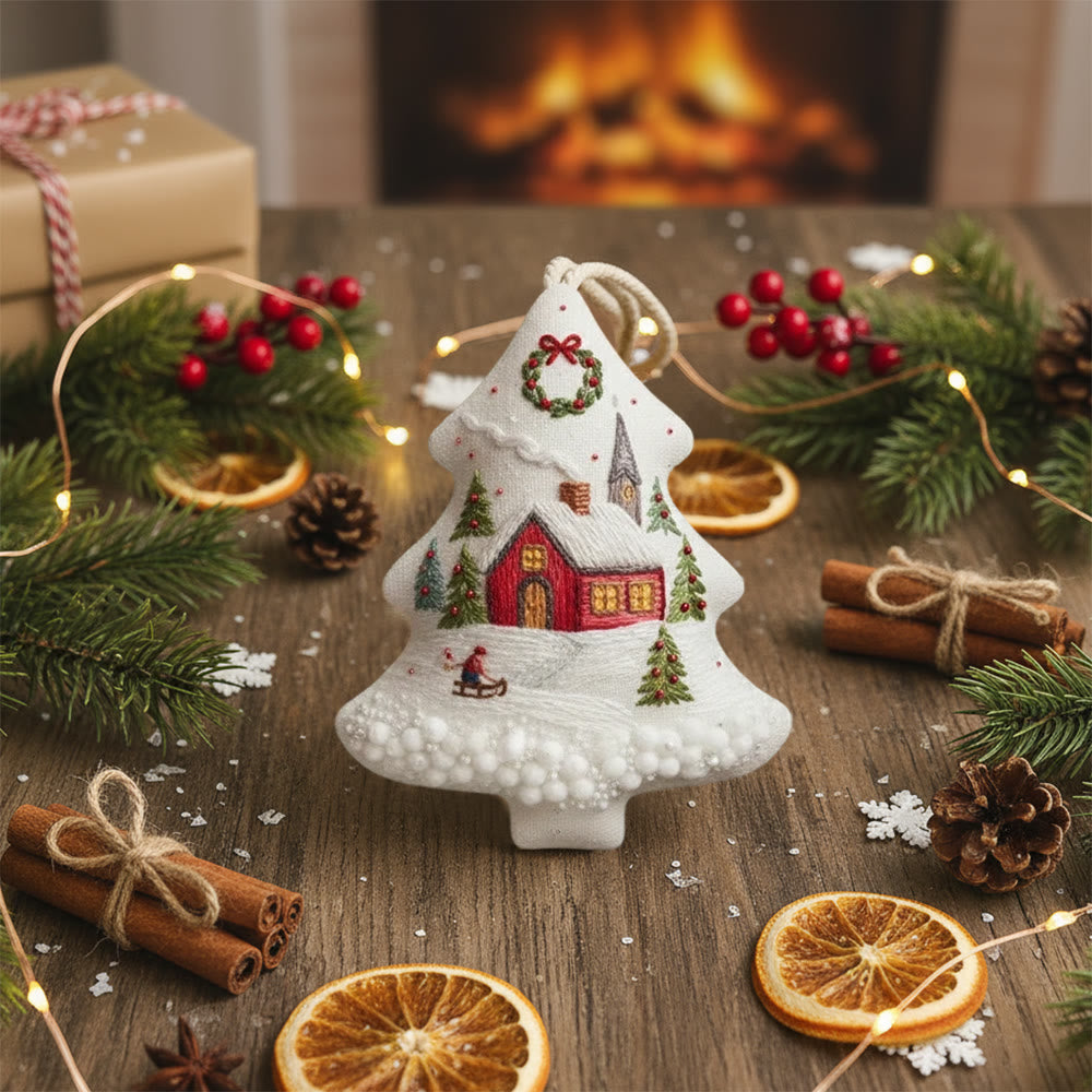Rubbyoo Tree-shaped Embroidery Kit - Snowy Cottage | Embellished With Winter Charm | Unique Holiday Ornament - image 6
