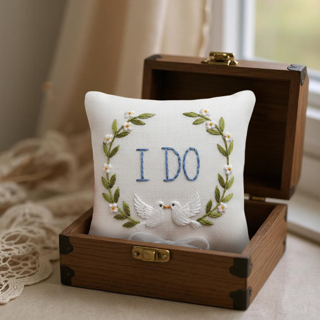 Rubbyoo Personalized Ring Bearer Pillow Embroidery Kit - I Do White Doves Wreath | Personal Handmade Gift  | Proposal Gifts - image 1