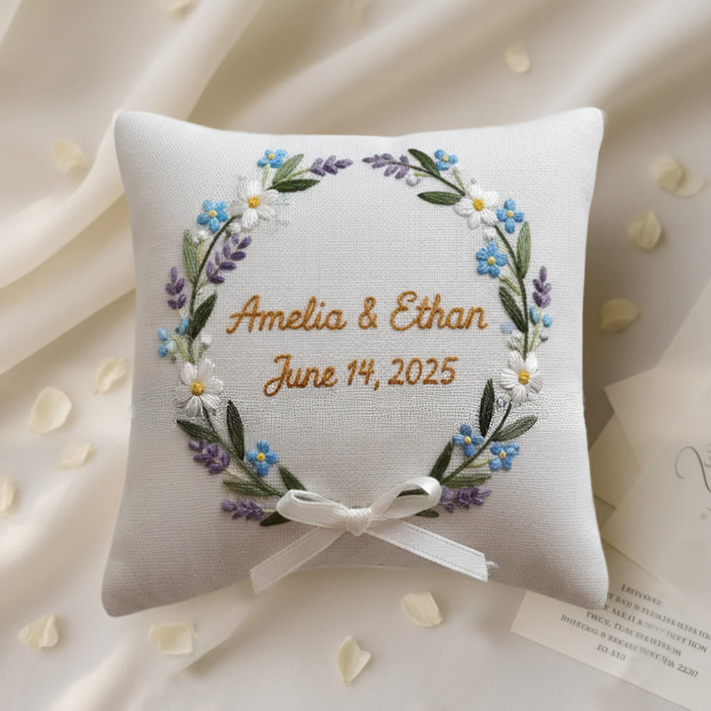 Rubbyoo Personalized Ring Bearer Pillow Embroidery Kit - Blue Daisy Lavender Wreath | Gift-giving Handcraft | Special Date Celebrations - 6 inches hoop kit - image 0