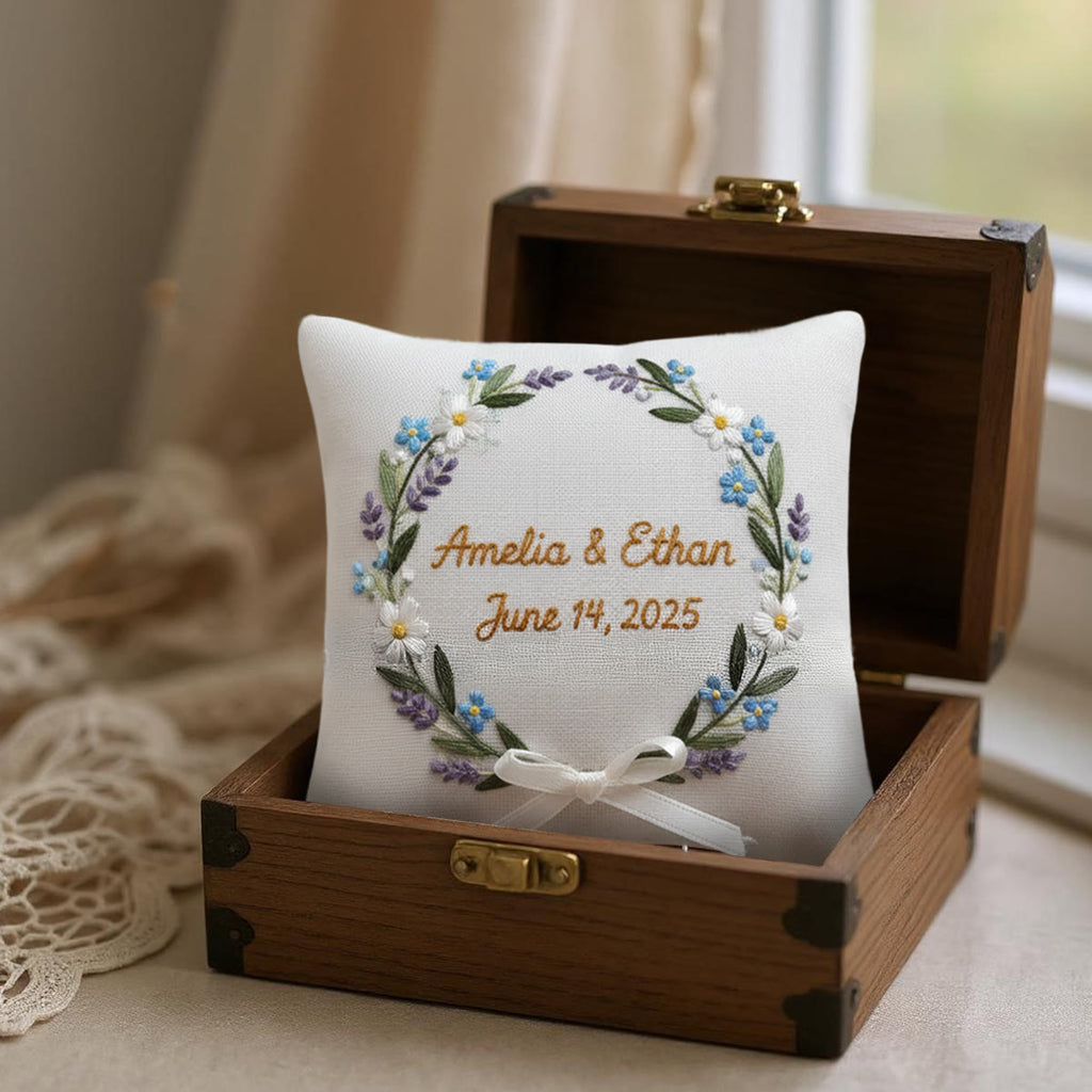 Rubbyoo Personalized Ring Bearer Pillow Embroidery Kit - Blue Daisy Lavender Wreath | Gift-giving Handcraft | Special Date Celebrations - image 1