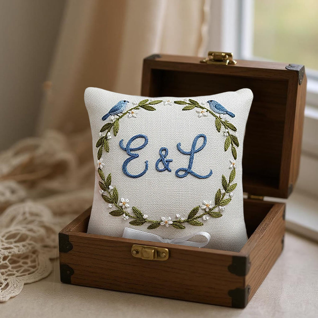 Rubbyoo Personalized Ring Bearer Pillow Embroidery Kit - Blue Birds Initials-adorned Wreath | Exquisite Decor Piece | Anniversary Gifting - image 1