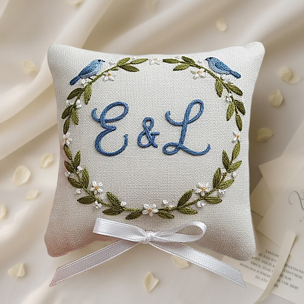 Rubbyoo Personalized Ring Bearer Pillow Embroidery Kit - Blue Birds Initials-adorned Wreath | Exquisite Decor Piece | Anniversary Gifting - 6 inches hoop kit - image 0